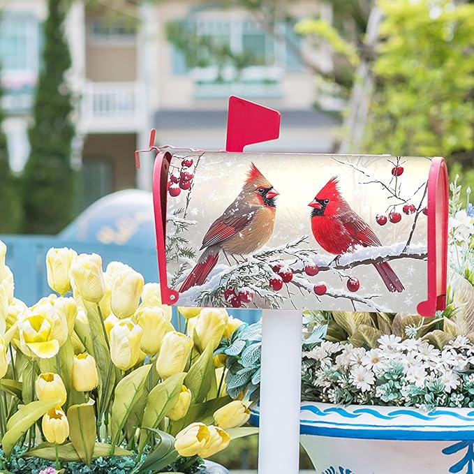 Kawani Winter Mailbox Cover Christmas Birds Holly Berry Branches Snow Mailbox Covers Magnetic Standard Size 25.5x21 Inch Winter Xmas Holiday Post Letter Box Cover for Garden Yard Decor