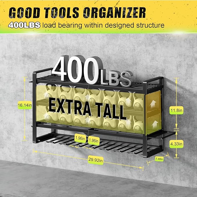Power Tool Organizer Wall Mount - 400Lbs Load 4 Layers Storage Rack with 8 Drill Holders for Drills Cordless Tools. Heavy Duty Iron Garage Tool Organizer Storage for Workshop Shed Pegboard Basement