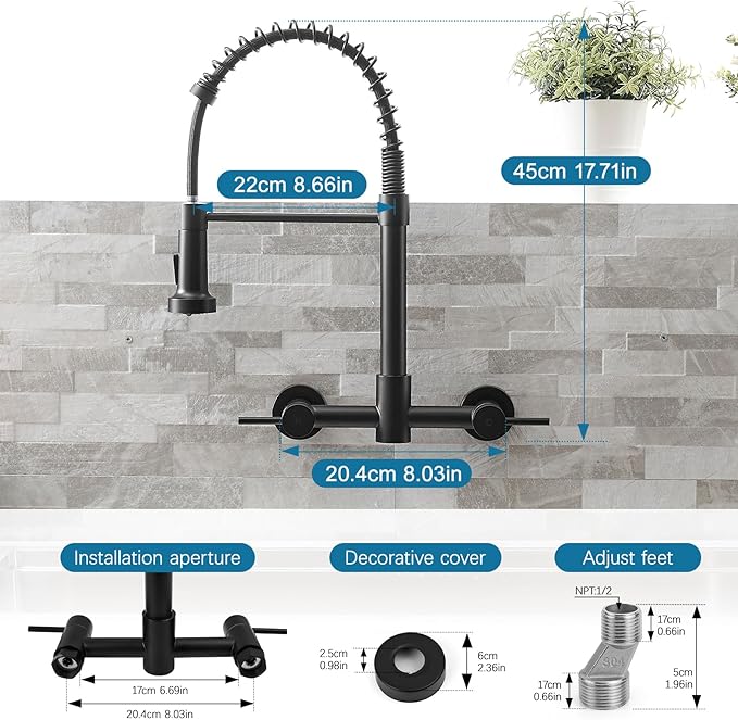 AIMADI Wall Mount Kitchen Faucet,Matte Black Kitchen Sink Faucet with Pull Down Sprayer,8 inch 2 Handle Commercial Faucet for Kitchen Laundry Room Restaurant
