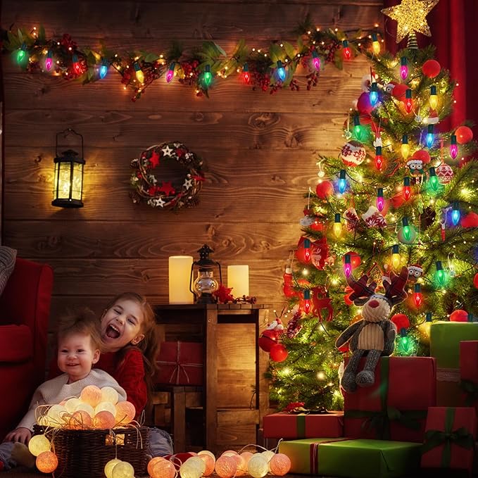 C9 Multicolor Christmas Light Bulbs, Vintage Incandescent Replacement Bulbs for Christmas String Lights, E17 Intermediate Base 7W Night Light Bulbs for Indoor Outdoor Holiday Decor, 25 Pack