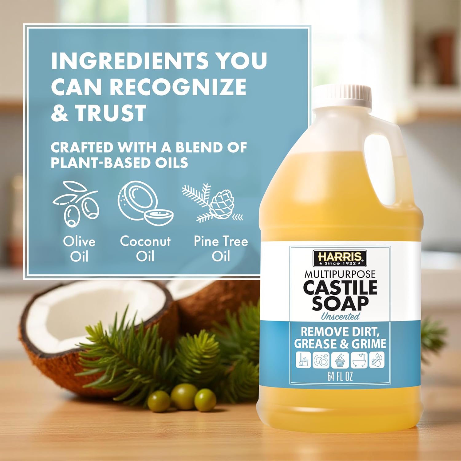 HARRIS Multi-Purpose Pure Liquid Castile Soap for Home Cleaning, Multi-Purpose Cleaner, For Dish Soap, Laundry Detergent, Kitchen and Bathroom Surfaces, Kids Rooms, Unscented, 64 Oz