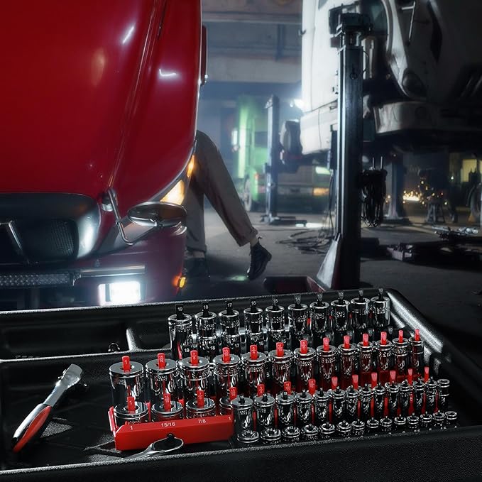 AIRTOON 1/4-Inch & 3/8-Inch Drive Socket Organizer Trays, 4-Piece SAE and Metric Socket Tray Set, Deep and Standard Socket Holders Organizers for Toolbox, Black & Red