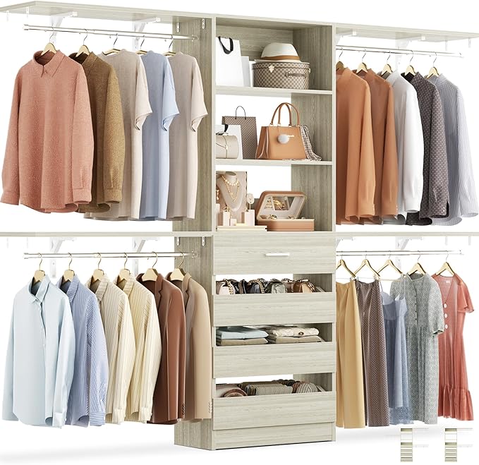 Aheaplus Closet System with 4 Drawers, 8FT Wood Closet Organizer System, 96’’ Closet Built In System Tower with Shelves, Walk-in Closet Wardrobe Clothes Garment Rack, Fits Spaces 4-9 ft, White Oak