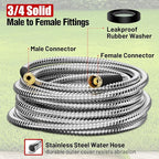 Garden Hose 50 ft, Stainless Steel Metal Water Hose 50 Feet with Nozzle, Flexible, Rust Proof, No-Kink, Heavy Duty, Leakproof 3/4 in Fittings, Lightweight Metal Hose, BT50S Model