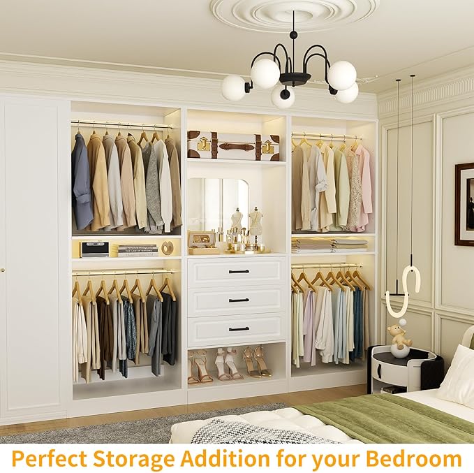 Unikito 75" Modular Closet Organizer System with Mirror & Drawers, 3-in-1 Freestanding Wardrobe Tower with Adjustable Shelves & Hanging Rods, Heavy-Duty Bedroom Storage for Walk-in Closets, White