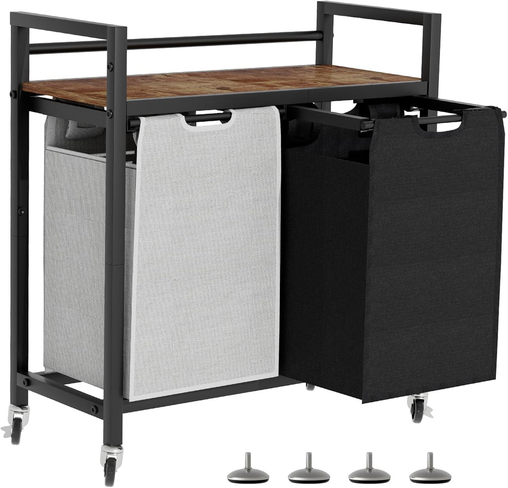 Laundry Hamper, Laundry Basket, Laundry Sorter with 2 Removable Bags, Clothes Basket with 2 Compartments, Wheels, Shelf for Laundry Room Bathroom Bedroom (2 Bags-Black Grey)