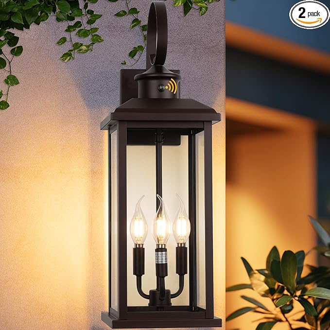 24" Dusk to Dawn Outdoor Wall Sconce: Bronze Large Porch Light 3-Light Waterproof Modern Exterior Lighting Fixture Wall Mounted, Outside Lamp for House Garage E12