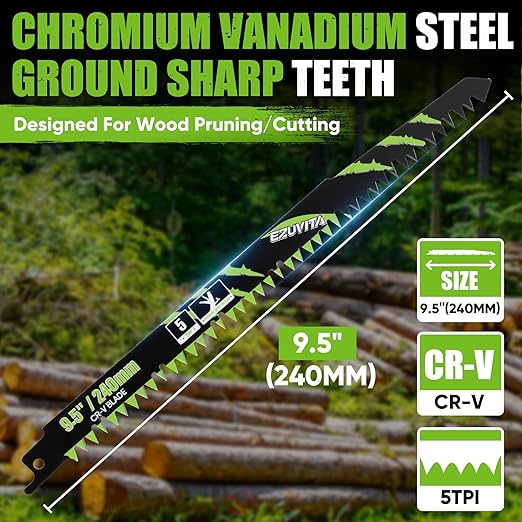 9.5-Inch Wood Pruning Reciprocating Saw Blade Set with Storage Box, 6-Piece Pruner Saw Blades with 5 TPI CR-V Steel for Tree Trimming Wood Cutting