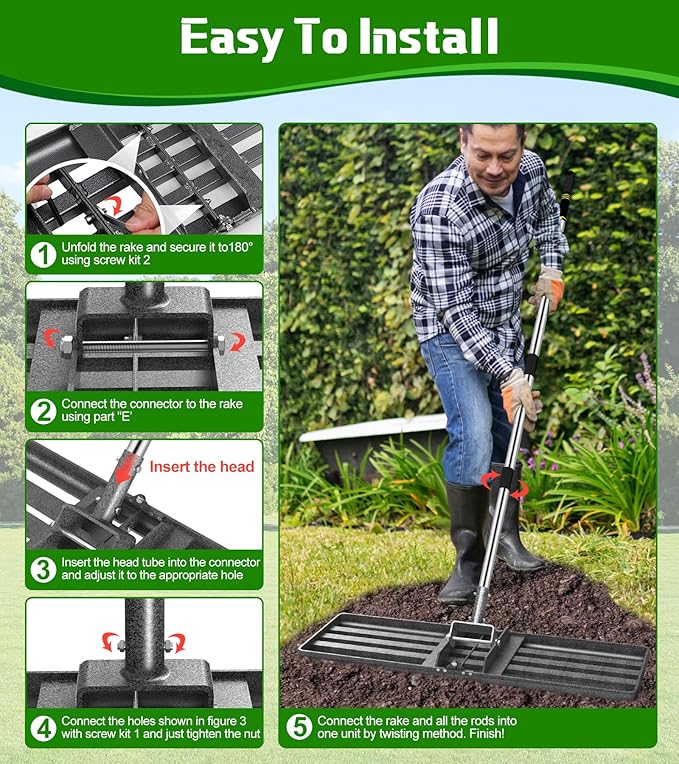 Lawn Leveling Rake, 30x10 Inch Heavy-Duty Levelling Rake with 6.2FT Adjustable Stainless Steel Handle, Lawn Leveler Tool for Yard, Garden, Golf Course, Farm Pasture