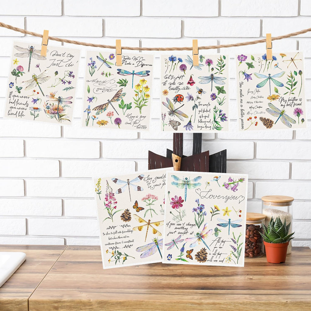 Dragonfly Swedish Dishcloths for Kitchen, 6 Pack Vintage Wildflower Reusable Paper Hand Dishing Towels Housewarming Gifts, Absorbent Dish Rags Decoration for Home Cooking Cleaning