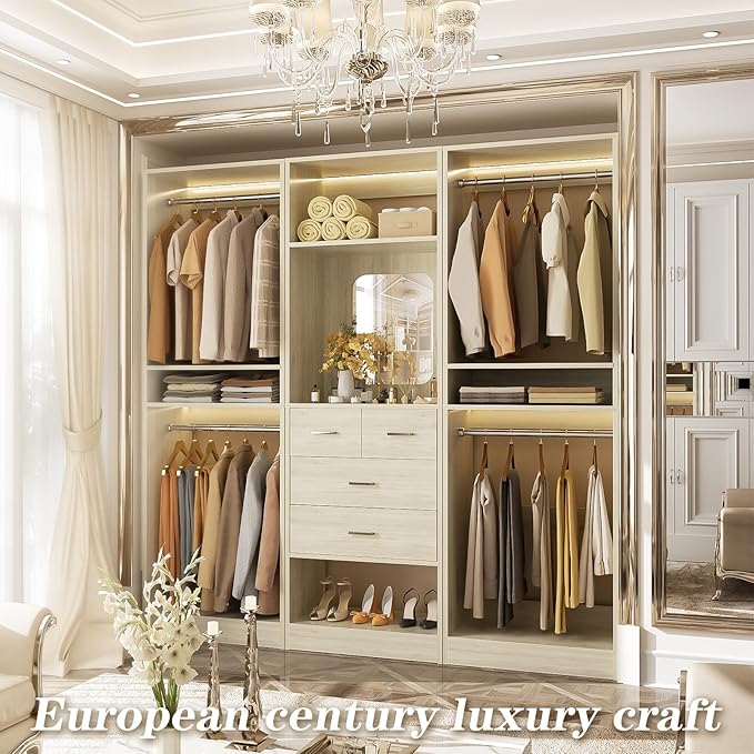 Unikito 75” Closet System with 4 Drawers, 6.3FT Wood Walk in Closet Organizer with Hanging Rods and Mirror, Reversible Large Closet Wardrobe with Shelves, Max Load 2000 LBS, White Oak