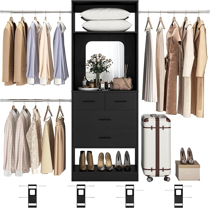 Unikito 96” W Closet Systems, Adjustable 8FT Walk in Closet Organizer Starter Kit with 25” Tower and 3 Hanging Rods, Sturdy Garment Rack with 4 Drawers and Mirror, 96" W x 16" D x 80" H, Black