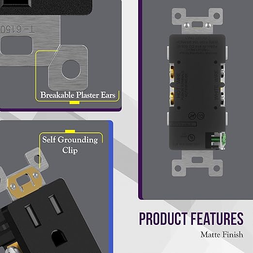 ENERLITES Matte Black Decorator Receptacle with Screwless Wall Plate, Standard Electrical Wall Outlet, 15A 125V, Self-Grounding, 2-Pole, 3-Wire, UL Listed, 61502-TR-MBKSID, 20 Pack, Tamper Resistant