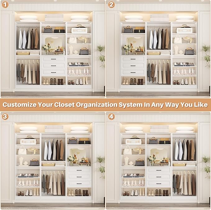 Unikito Modular Closet System with 3 Sets, 75”Closet Organizer System With Drawers, Mirror, Hanging Rods and Adjustable Shelves, Freestanding Wood Wardrobe Garment Rack, Walk in Closet Tower, White