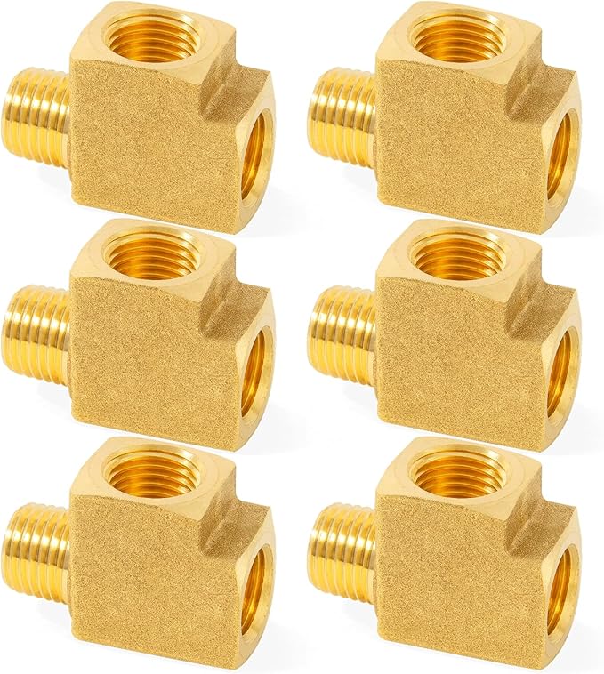 ChillWaves Brass Pipe Fitting, Barstock Male Run Tee 1/8" NPT Female x 1/8" NPT Female x 1/8" NPT Male Thread Adapter(6-PACK)