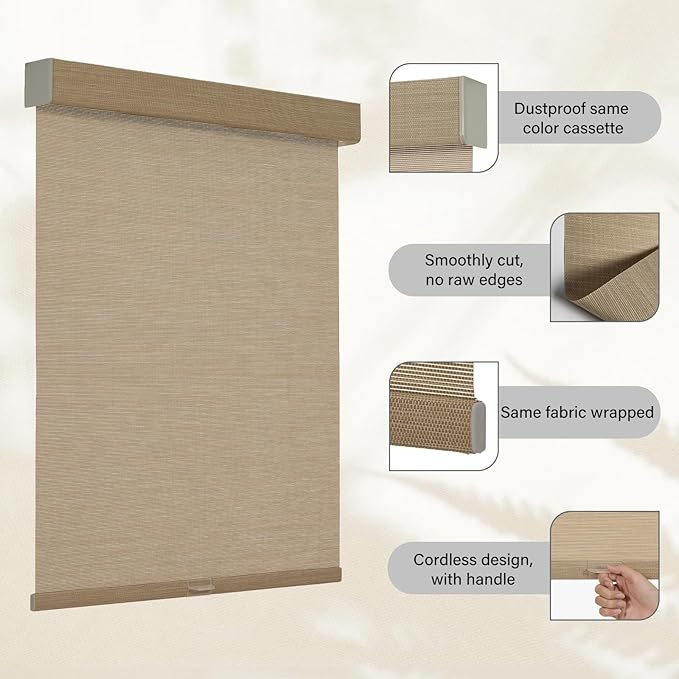 Persilux Light Filtering Cordless Free Stop Roller Blinds Natural Woven Stripes Fabric Thermal Insulation Privacy Roller Shades for Home,Office,Bedroom,Coffee Color(16" W x 36" H)