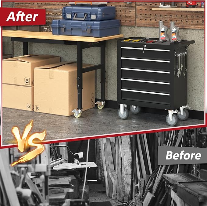 5-Drawers Rolling Tool Chest, Tool Chest with Wheels and Drawers, Rolling Box with Locking System, Tool Box with Wheels for Garage, Warehouse, Workshop (Black, 5 Drawers)