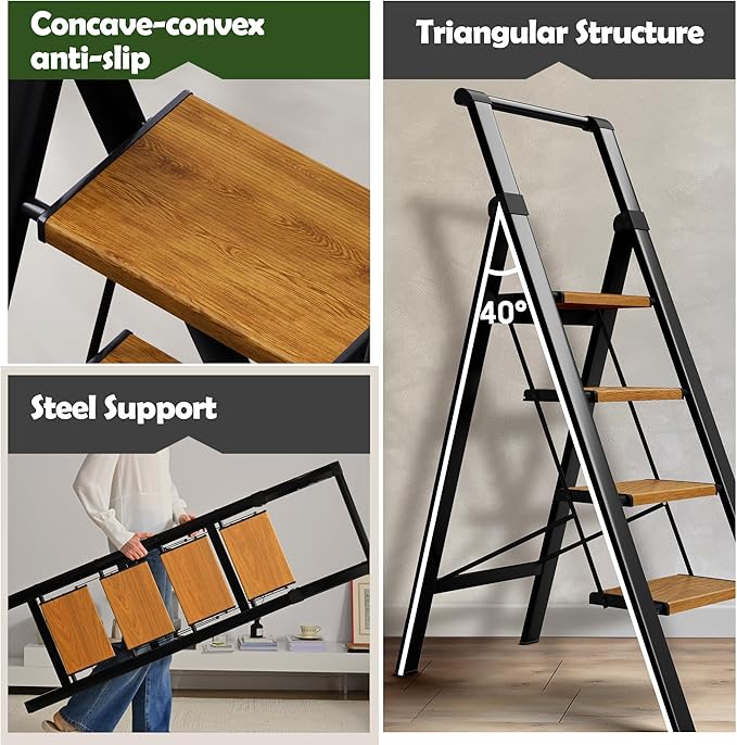 Taranta 4 Step Ladder, Portable Folding Ladder with Wide Pedal, Lightweight Aluminum Step Stool with Convenient Handgrip, 330 lbs Capacity Stepladder for Home, Office - BlackWoodgrain
