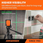JORGENSEN Laser Level with Tripod, 65 FT Self Leveling Cross Line Laser Leveler Tool with 360° Magnetic Base, Green Laser Level for Picture Hanging, Home Renovation, Indoor Project