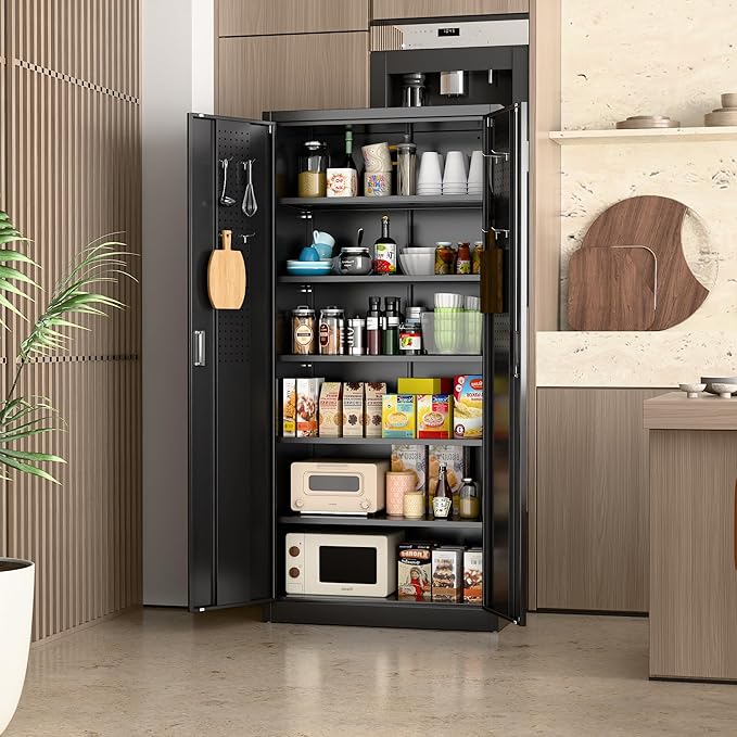 Metal Storage Cabinets with 2 Doors and 5 Adjustable Shelves, 71" H Lockable Garage Storage Cabinet with Pegboard and Hooks, File Cabinet with Lock for Office, Home, Garage, Black