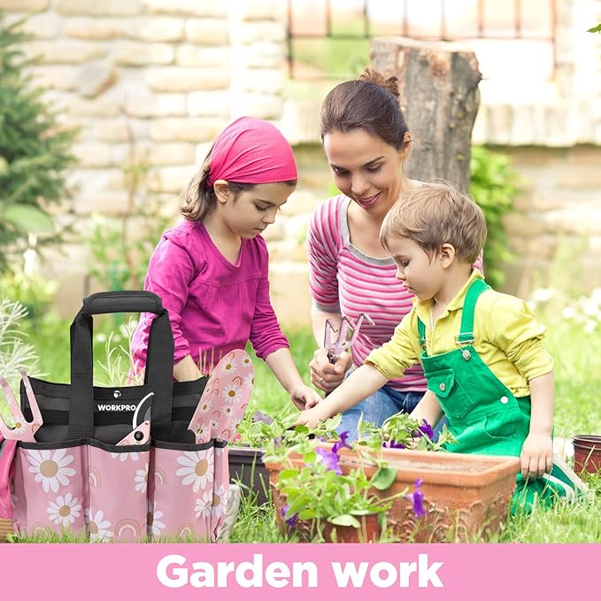 WORKPRO 5PCS Gardening Tools, Aluminum Heavy Duty Garden Tool Set with Bag, Ideal Gardening Gifts for Women-Pink Ribbon