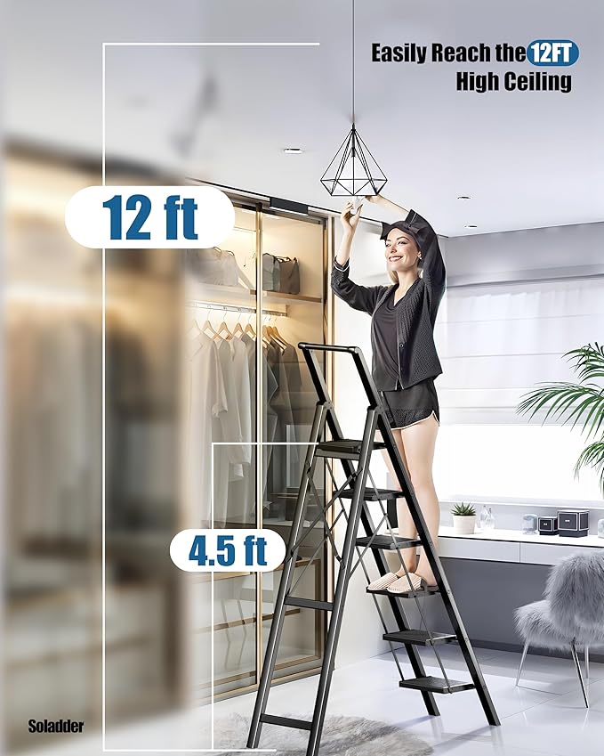 6 Step Ladder for 12 Feet High Ceiling, Folding Step Stool with Handgrip & Anti-Slip Wide Pedal, Portable Lightweight Aluminum Stepladder for Kitchen, Home (300 lbs Capacity) - Black