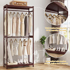 Homykic Bamboo Clothes Rack with Shelves and Double Hang Rods, Portable Closet System Garment Rack for Hanging Clothes, Tall Clothing Rack Corner Closet Organizer, Easy to Built, Espresso