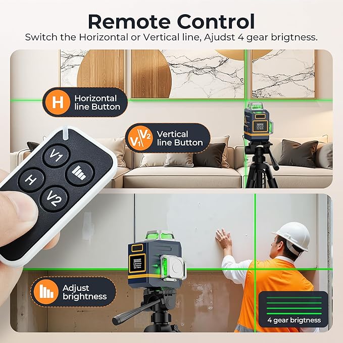 CIGMAN Laser Level Self Leveling 3x360° 3D Green Cross Line for Construction and Picture Hanging, Rechargeable battery, Remote Controller, Magnetic Rotating Stand Included