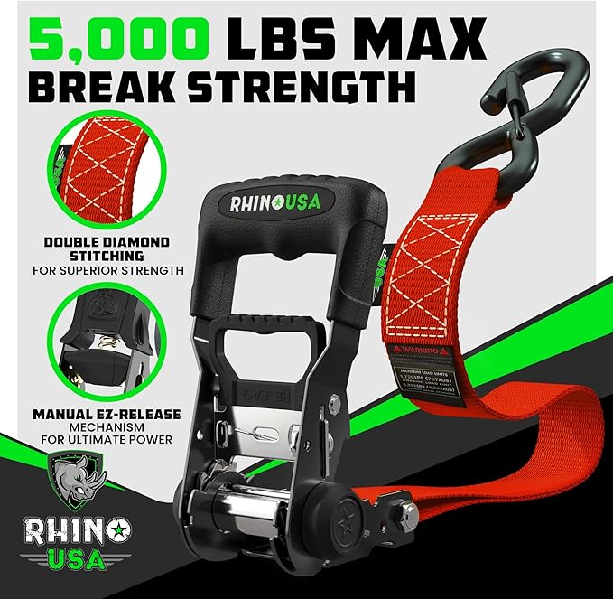 Rhino USA Ratchet Straps Heavy Duty Kit (4-Pack) - 1.6 Inch x 8 Feet (5,208lb Break Strength) - Ultimate Tie Down Straps with Safety S Hooks for Trucks, ATV, UTV, Motorcycle, Cargo & More - Red