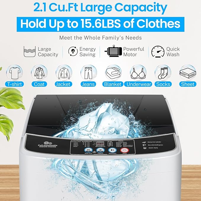 Nictemaw Portable Washing Machine, 2.1 Cu.ft Portable Washer 15.6Lbs Capacity Full Automatic Washing Machine with 10 Programs 8 Water Levels, Drain Pump, LED Display, for Apartment, Dorm, Home, RVs