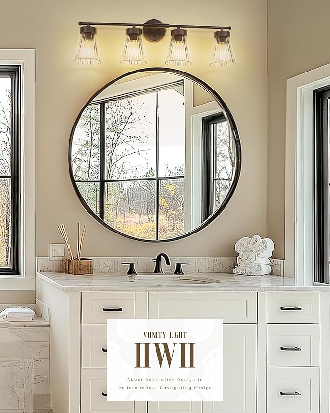 4-Light Bathroom Vanity Light, HWH Oil-Rubbed Bronze Bathroom Light Fixtures Farmhouse Vanity Lamp Over Mirror with Clear Striped Glass Shade, 5HZG97B-4W ORB