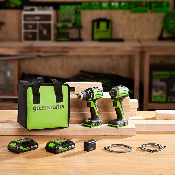 Greenworks 24V Cordless Brushless 400 in-lbs Drill/Driver+1950 in-lbs Impact Driver Combo,High Torque, Lightweight, (2) 2.0Ah USB-C Batteries(12,000mAh Power Bank) and 65W USB-C Fast Charger(3-Port)
