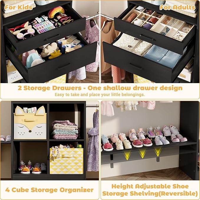 Closet System - 4.75-8FT Closet Organizer System with Wooden Drawers & Cube Storage Organizer, Up To 96" Closet Systems for Nursery & Walk-In Closets with Cuttable Hanging Shelving, Black