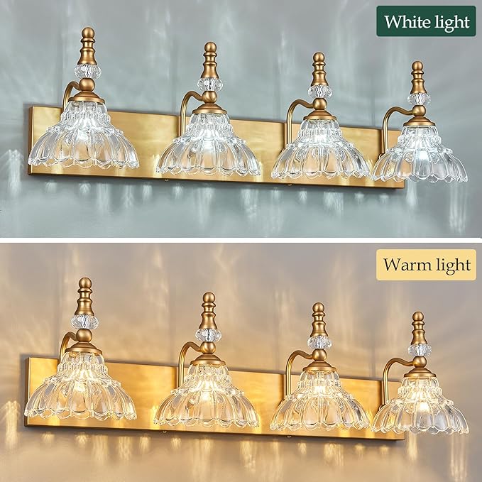 Vintage Bathroom Vanity Light, 4-Light Brass Vanity Lighting Fixture with Flower Glass Shade, Bathroom Lighting Fixtures Over Mirror