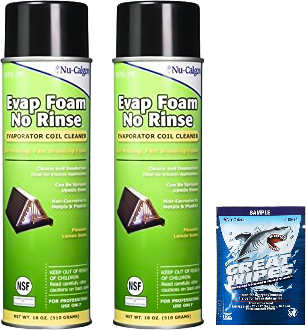 Nu-Calgon 4171-75 Evap Foam No Rinse Evaporator Coil Cleaner 2 Pack, Lemon Scented, 18 oz Aerosol Can With Great Wipes