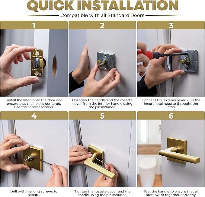 Mega Handles Prime Privacy Lever Door Handle for Hallway, Closet and Bathroom, Keyless Design Door Levers, Fits All Standard Door Sizes, Covered Screws Included - Satin Brass (1 Pack), 4.29"