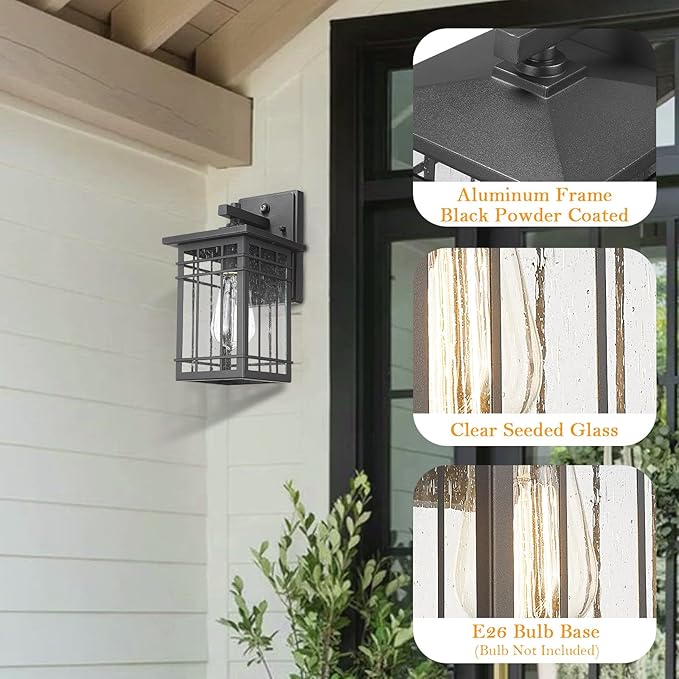Dusk to Dawn Exterior Wall Lights, Outdoor Wall Lanterns Sensor Light Fixtures Wall Mount Waterproof Wall Sconce Anti-Rust Porch Light with Seeded Glass for Corridor, Garage, 2 Pack