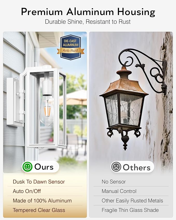 VIANIS White Outdoor Lighting Fixtures, Dusk to Dawn Outdoor Lighting, Exterior Light Fixture Wall Mount for House, Anti-Rust Aluminium Porch Lights Outdoor for Patio, Entryway