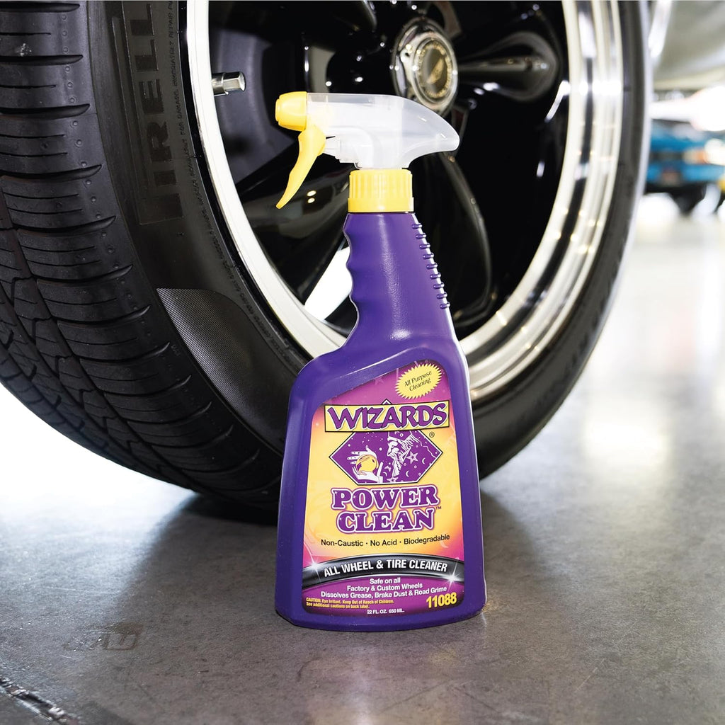 Wizards Power Clean Wheel and Tire Cleaner - Non Caustic and No Acid Biodegradable Interior Car Cleaner - Safe on All Kinds of Wheels - Dissolves Grease, Brake Dust and Road Grime - 22 oz