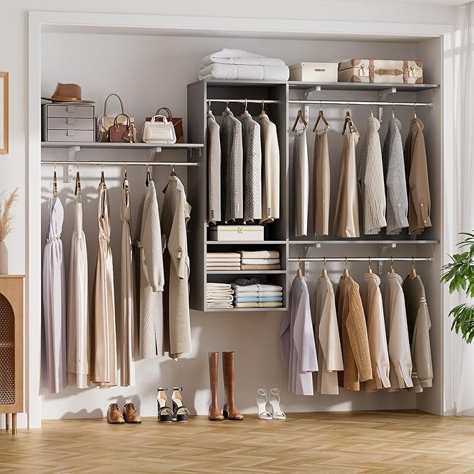 Cyclysio 96 Inch Closet Organizers and Storage, 8 FT Hanging Closet Organizer with 4 Adjustable Rods, Wardrobe Organizers with 3 Shelving Towers for 4-8FT Spaces(Cut-to-Fit), Gray