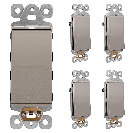 LIDER Minimalist Design Matte Finish Lighted Decorator Switch, Frameless Paddle Light Switch with Locator Light, Grounding Screw, 15A 125V, UL Listed, LS15-1P-NK5P, Nickel, 5 Pack