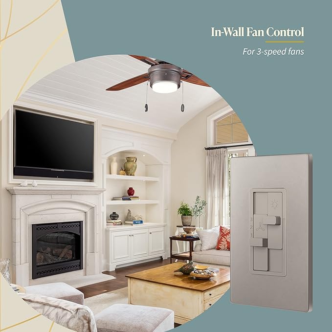 TOPGREENER Kalide Combo Dimmer Switch with 3-Speed Fan Control, Light and Fan Combination Switch, Single Pole, 2.5A, 200W LED/CFL, Neutral Wire Not Required, TGDSFS3-NK, Nickel