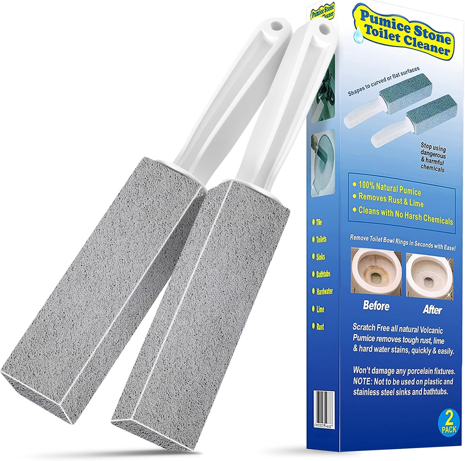 Pumice Stone Toilet Bowl Cleaner-Hard Water Stain Remover, Eliminates Toilet Bowl Rings，Rust &Lime Buildup，Multi-Surface Use for Grills ，Sink，Pool，Bathroom【2Pack】 (Long Handle)