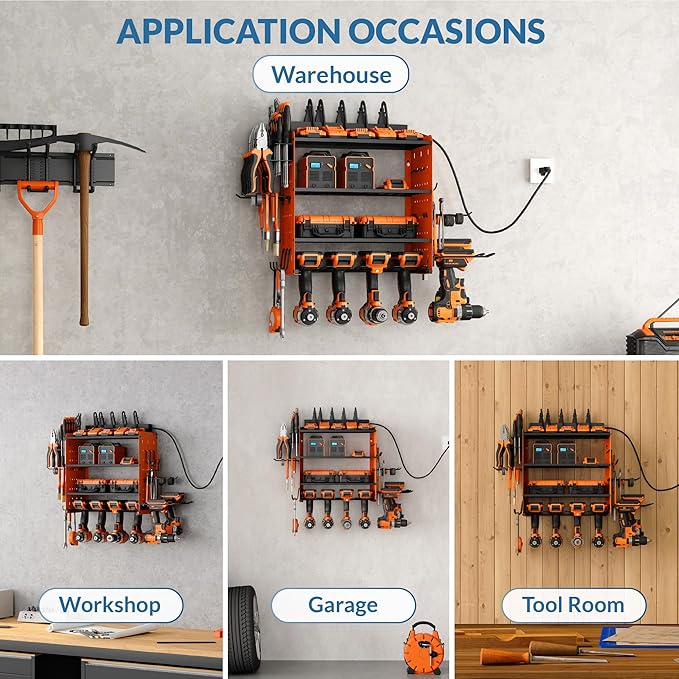 Power Tool Organizer with Charging Station, 4 Layers Garage Storage Rack with 6 Drill Holders, Father's Days Gift For Dad, Wall Mount Garage Organizer Built in 8 Outlets Power Strip, Orange