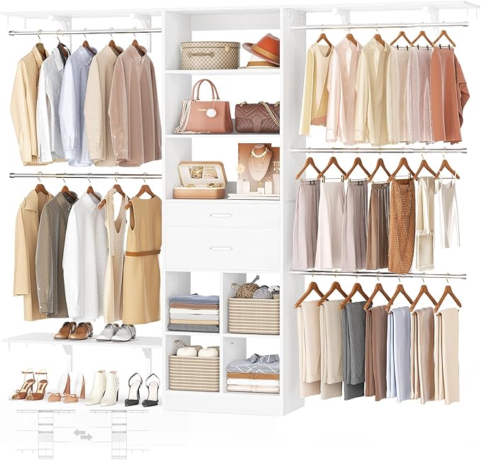 Closet System - 8FT Closet Organizer System with Wooden Drawers, 96" Closet Systems for Walk-In Closets with Cuttable Hanging Shelving, White
