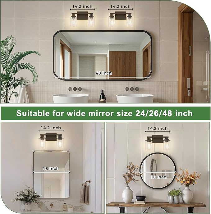 DORESshop 2-Light Black Bathroom Light Fixtures Over Mirror with Clear Glass Shade, Vanity Lights for Bathroom Mirror Hallway Bedroom Living Room, ETL Listed