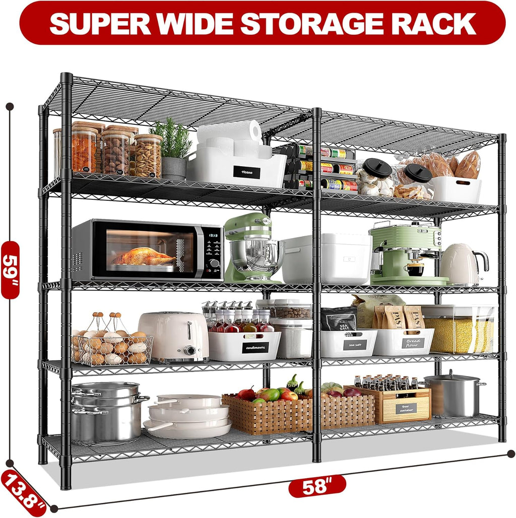 REIBII 5 Tier Wire Shelving Storage Shelves Loads 1430LBS, 58" W Metal Shelving Unit for Storage Adjustable Heavy Duty Garage Shelving Pantry Shelves Kitchen Shelving, Black, 2 Pack
