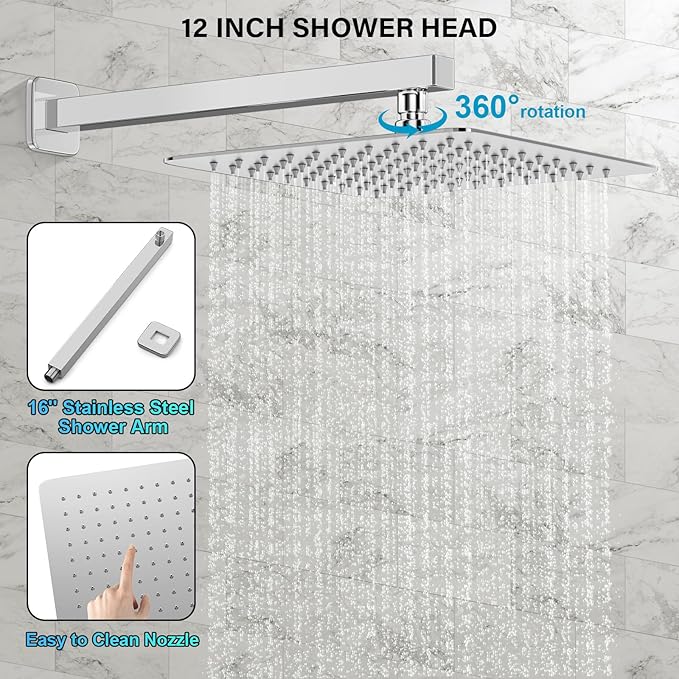 Shower Faucet Set Bathroom Square Rain Shower Head and Handle Set, Wall Mounted Shower Fixtures, Full Metal Trim Repair Kit 12 inch Polished Chrome (With Shower Valve)