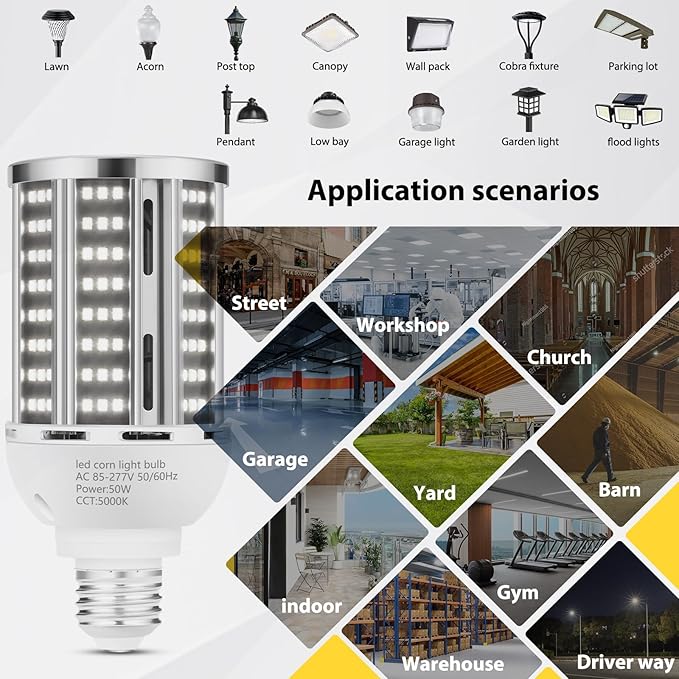 50W LED Corn Light Bulb(6 pack),5000K (500W Equivalent ) Commercial Grade Daylight E26/E39 6500LM Medium Mogul Base LED Lamp,Large Area Lights For Outdoor Indoor Garage Warehouse Factory Bay Light