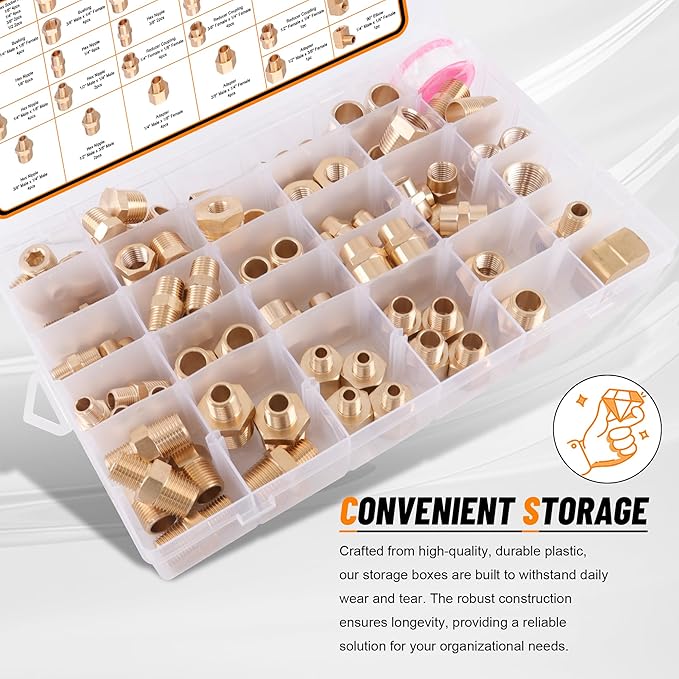 111Pcs Hose Pipe Fitting Assortment Kit, NPT Adapter, Reducer Bushing, Hex Nipple, Close Nipple, Reducing Hex Coupling, 90°Street Elbow, 90°Elbow, Hex Plugs, Hex Thread Plug, Cross Fitting